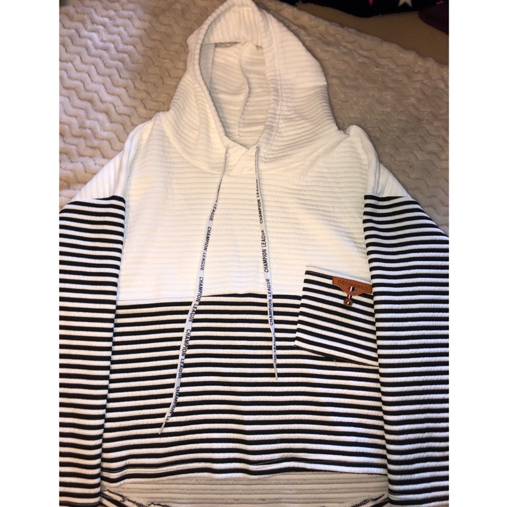Half white half striped hoodie.